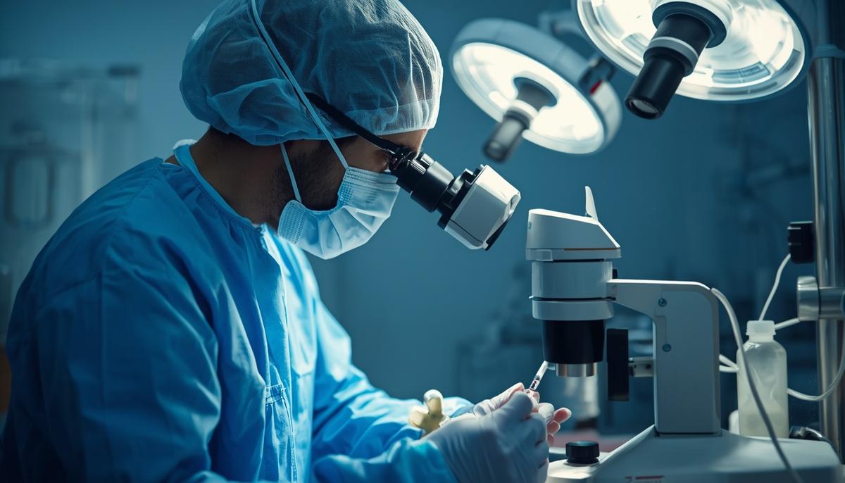Technician inspecting a catheter during quality control